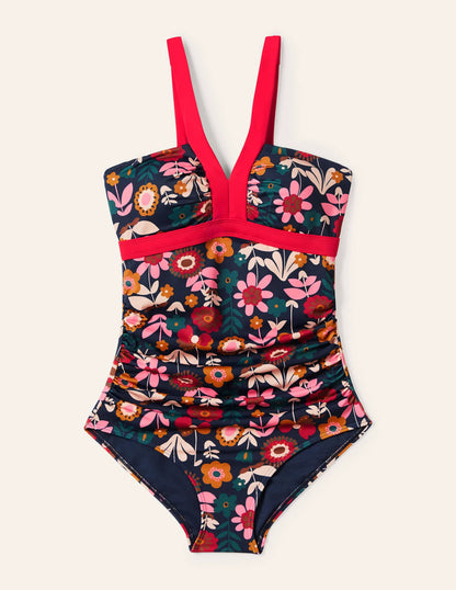 Corsica V-neck Swimsuit-French Navy, Flora Bloom