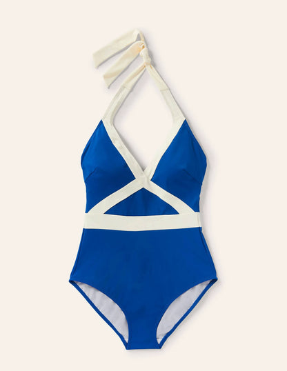 Kefalonia Halterneck Swimsuit-Lake Blue Colourblock