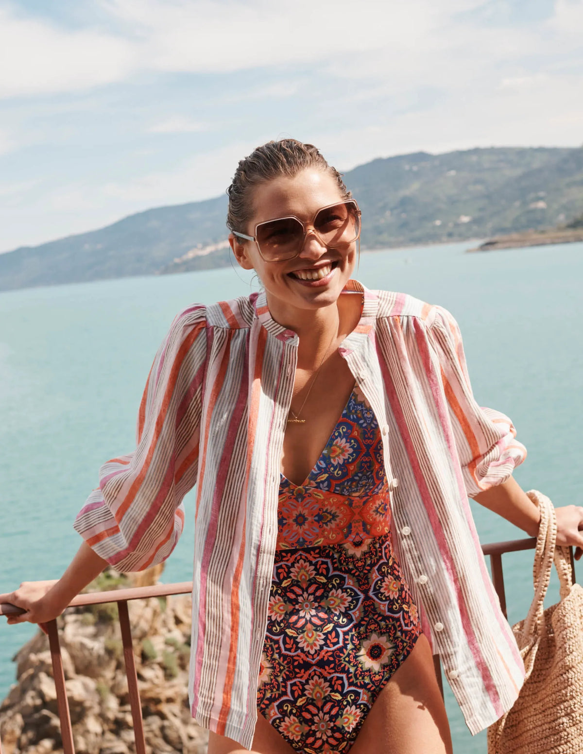 Arezzo V-neck Panel Swimsuit-French Navy, Moroccan Bloom