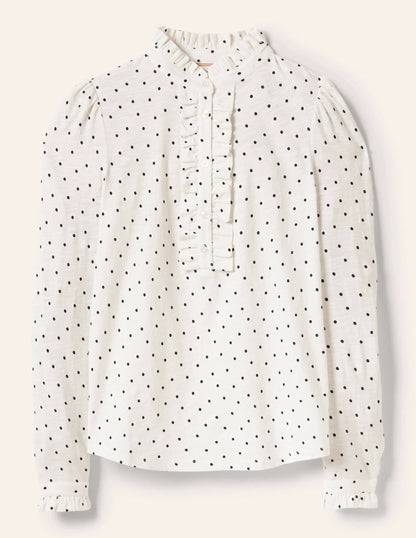 Ruffle Front Jersey Top-Ivory, Pin Dot