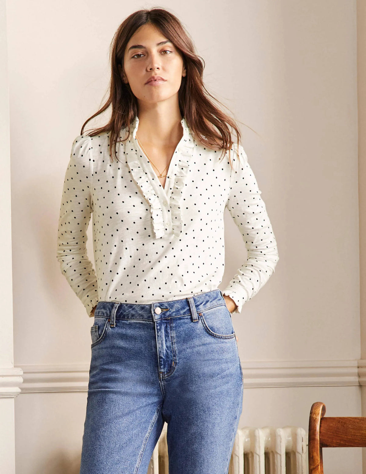 Ruffle Front Jersey Top-Ivory, Pin Dot