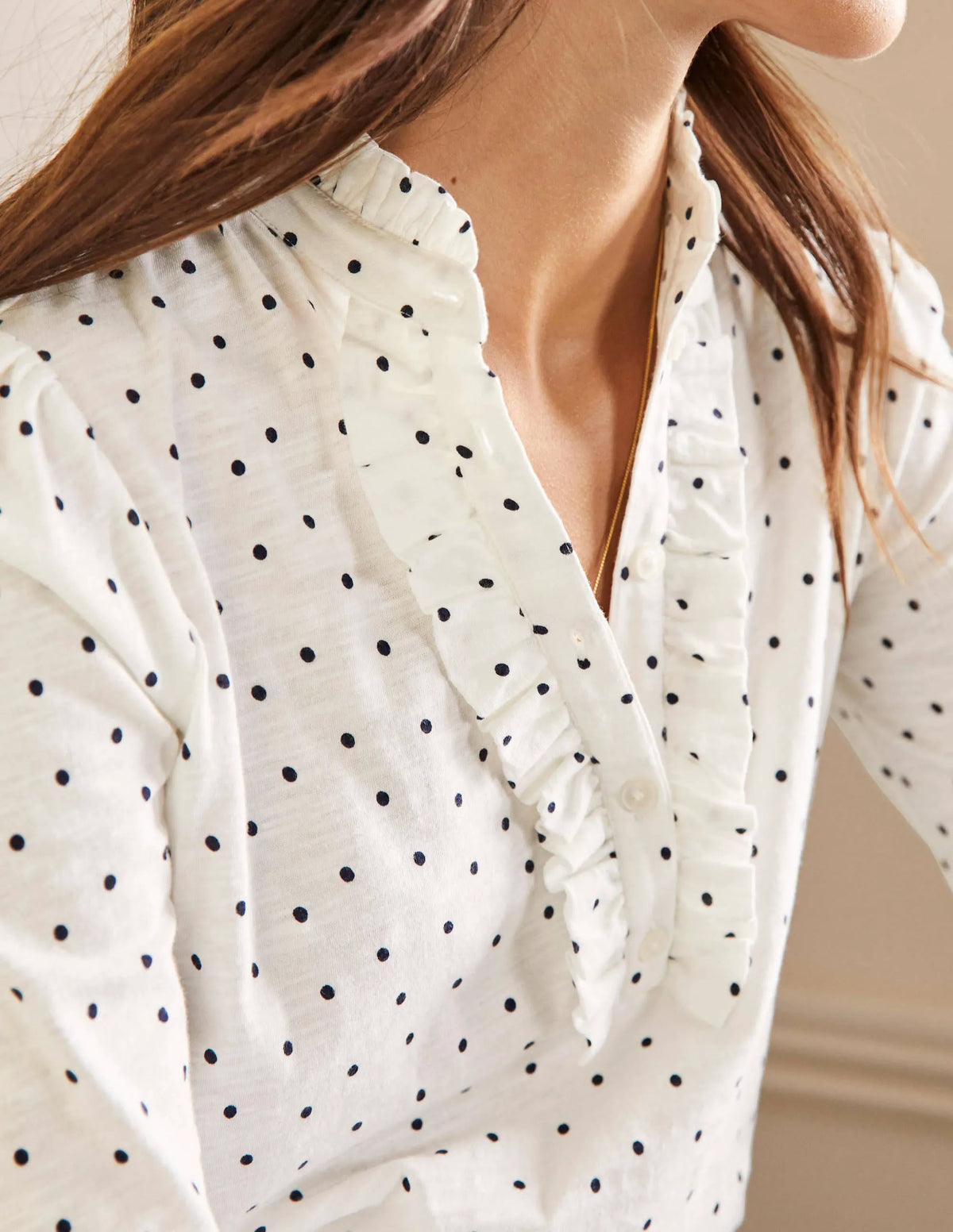 Ruffle Front Jersey Top-Ivory, Pin Dot
