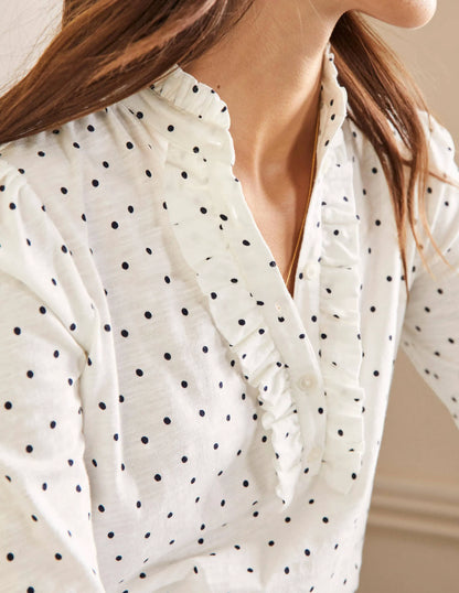Ruffle Front Jersey Top-Ivory, Pin Dot