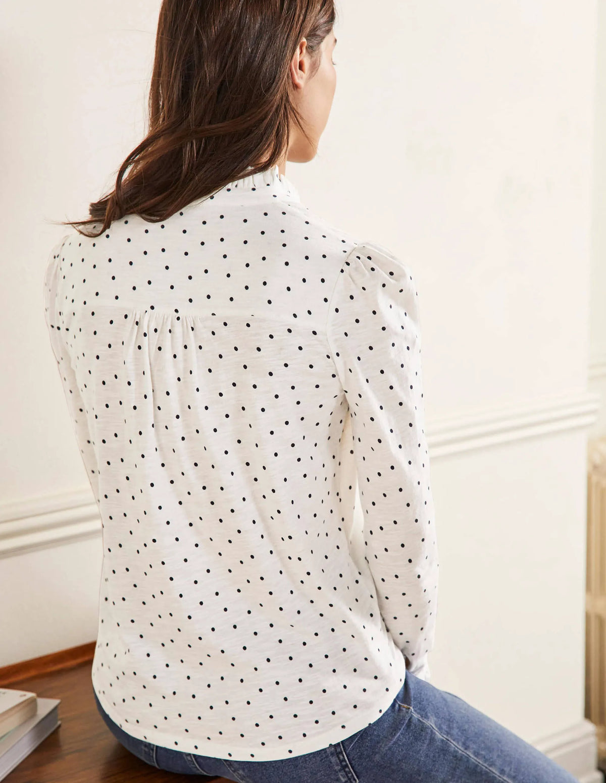 Ruffle Front Jersey Top-Ivory, Pin Dot