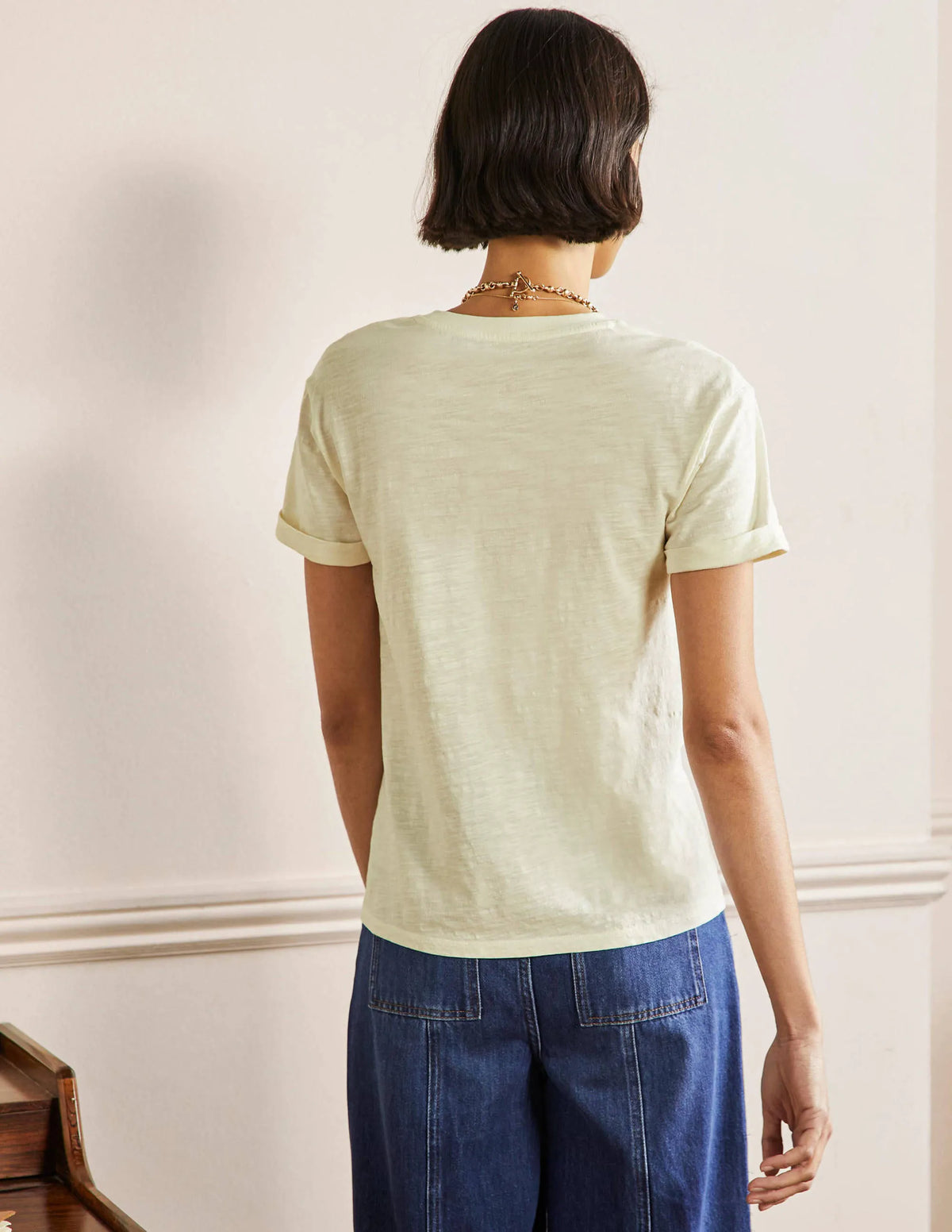 Turn Up Cuff Cotton T-shirt-Ivory, Lemon