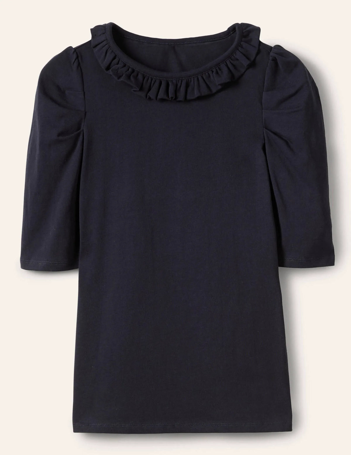 Puff Sleeve Frill Neck T-Shirt-Navy