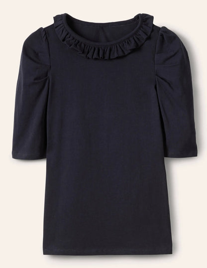 Puff Sleeve Frill Neck T-Shirt-Navy