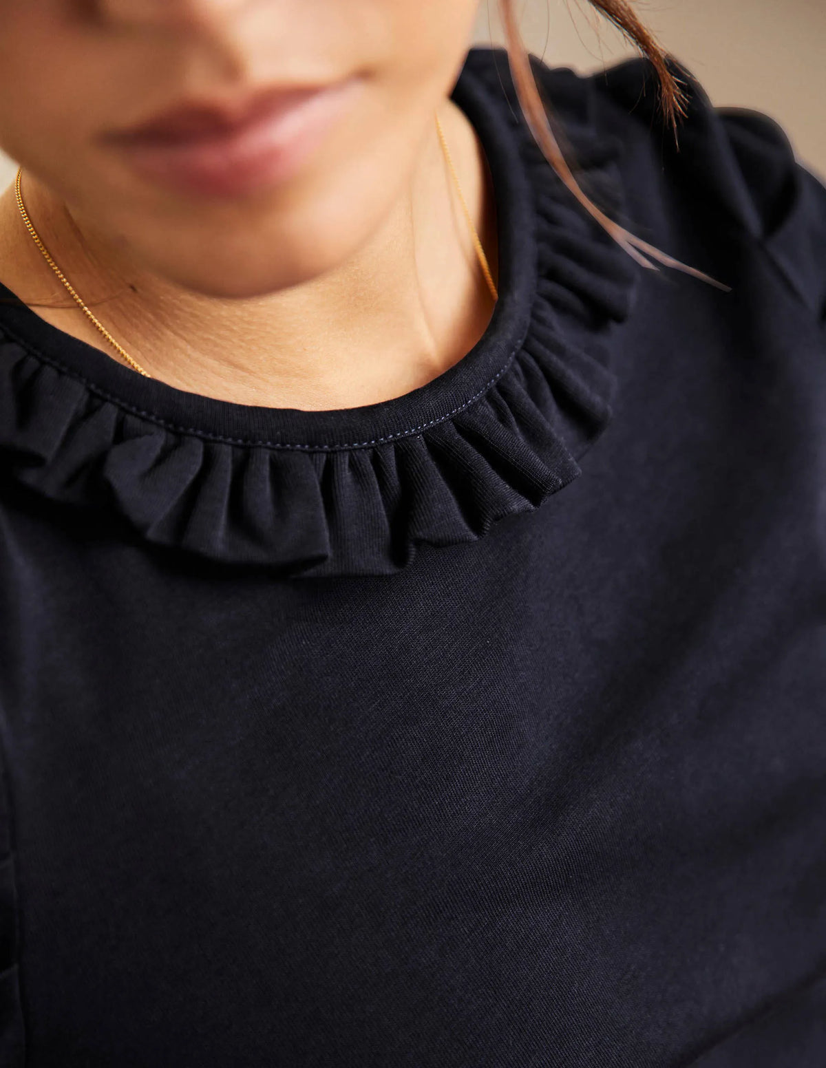 Puff Sleeve Frill Neck T-Shirt-Navy