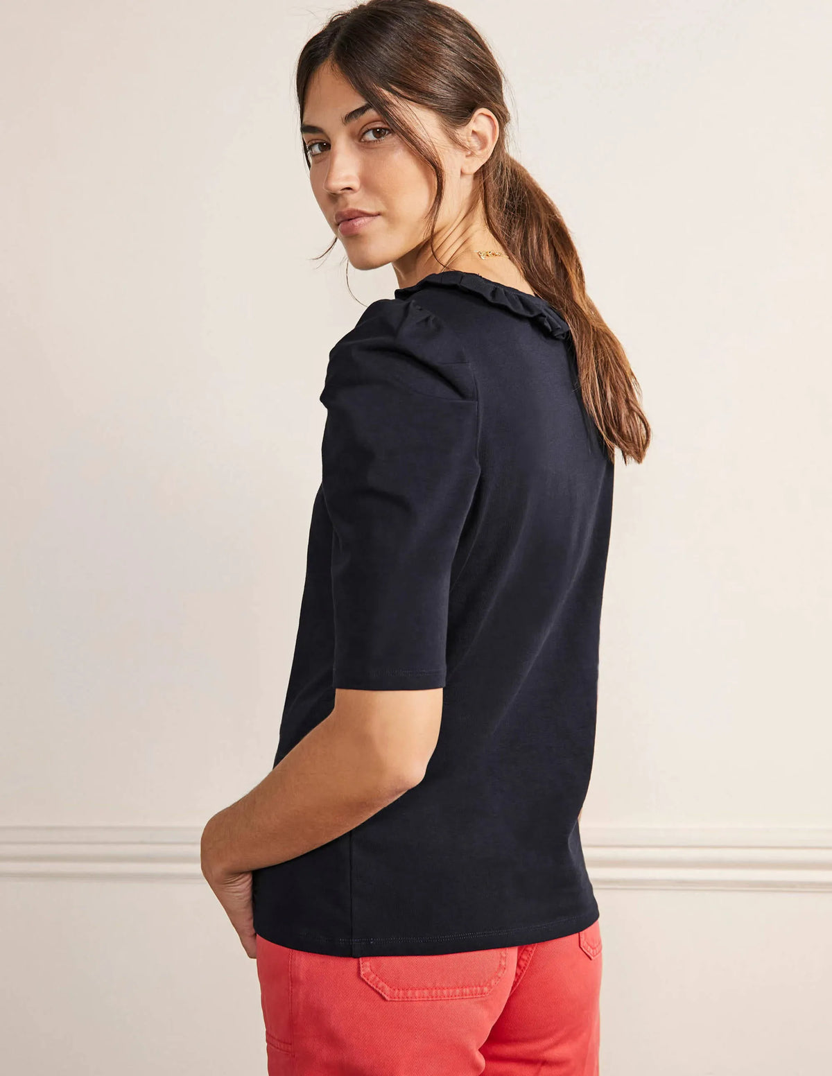 Puff Sleeve Frill Neck T-Shirt-Navy