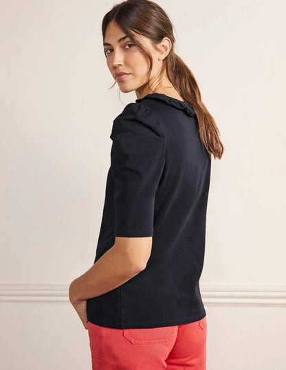 Puff Sleeve Frill Neck T-Shirt-Navy