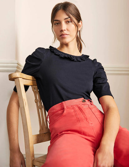 Puff Sleeve Frill Neck T-Shirt-Navy