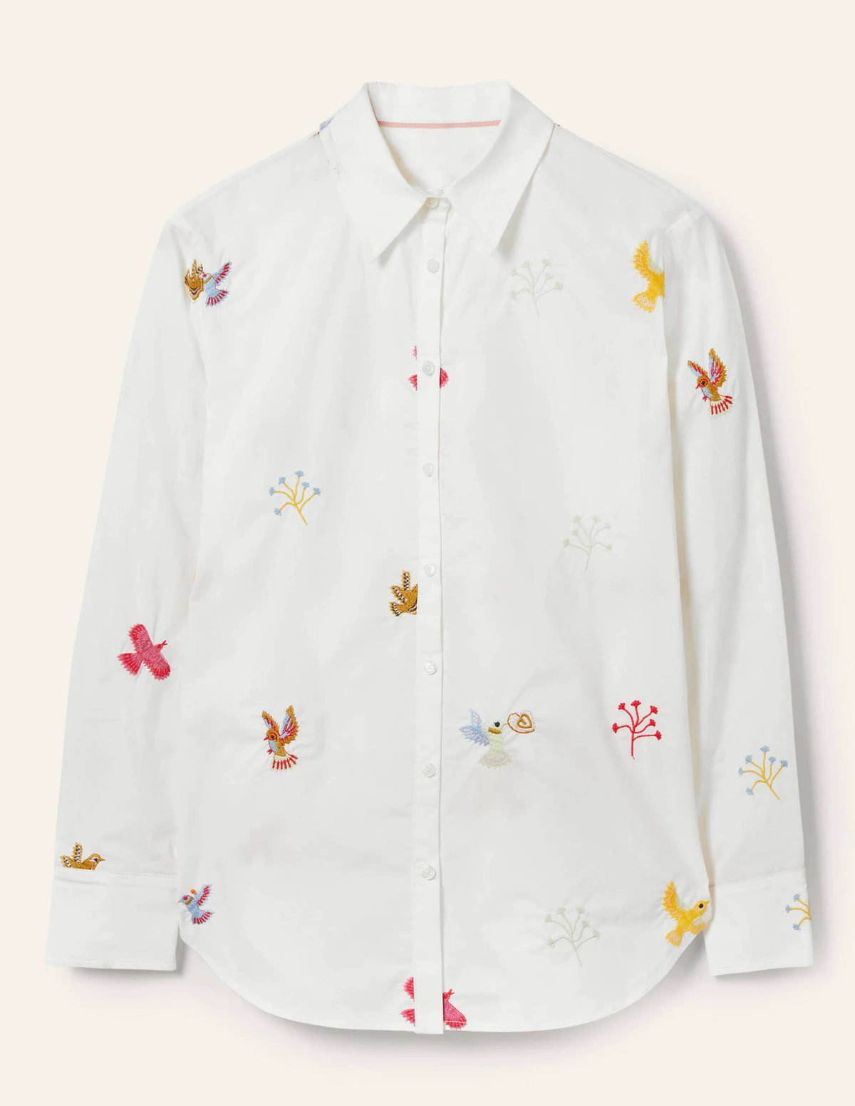 Relaxed Cotton Shirt-White, Bird Embroidered