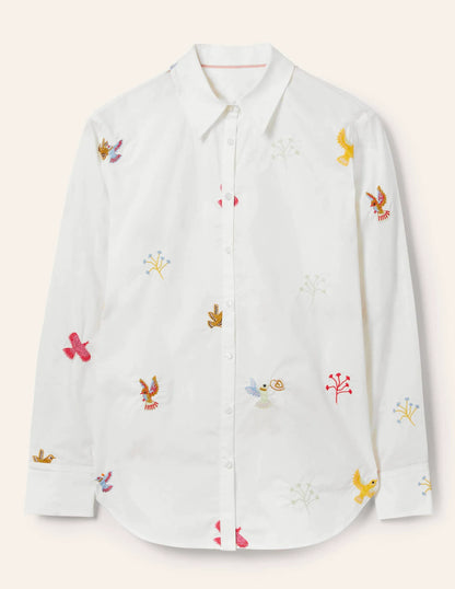 Relaxed Cotton Shirt-White, Bird Embroidered