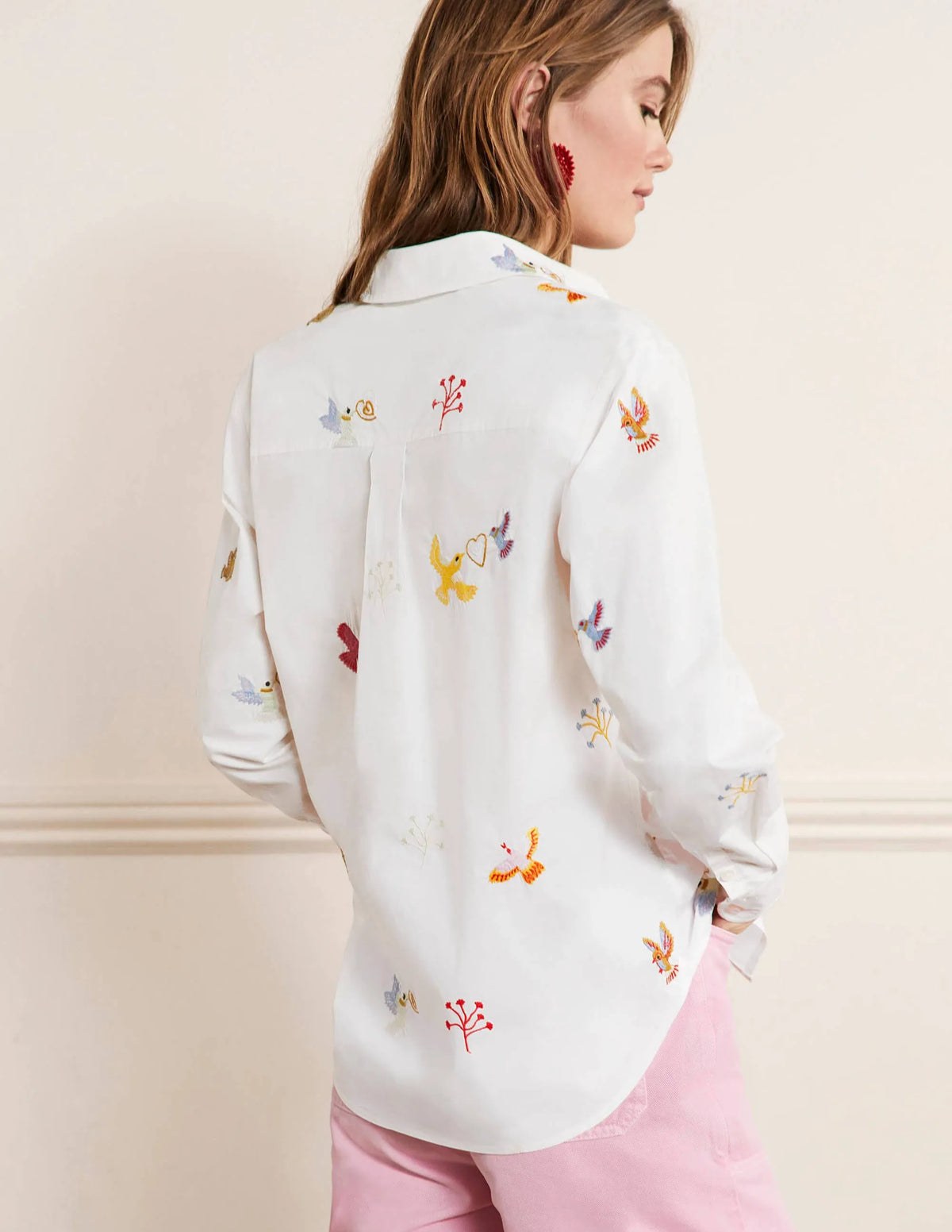 Relaxed Cotton Shirt-White, Bird Embroidered