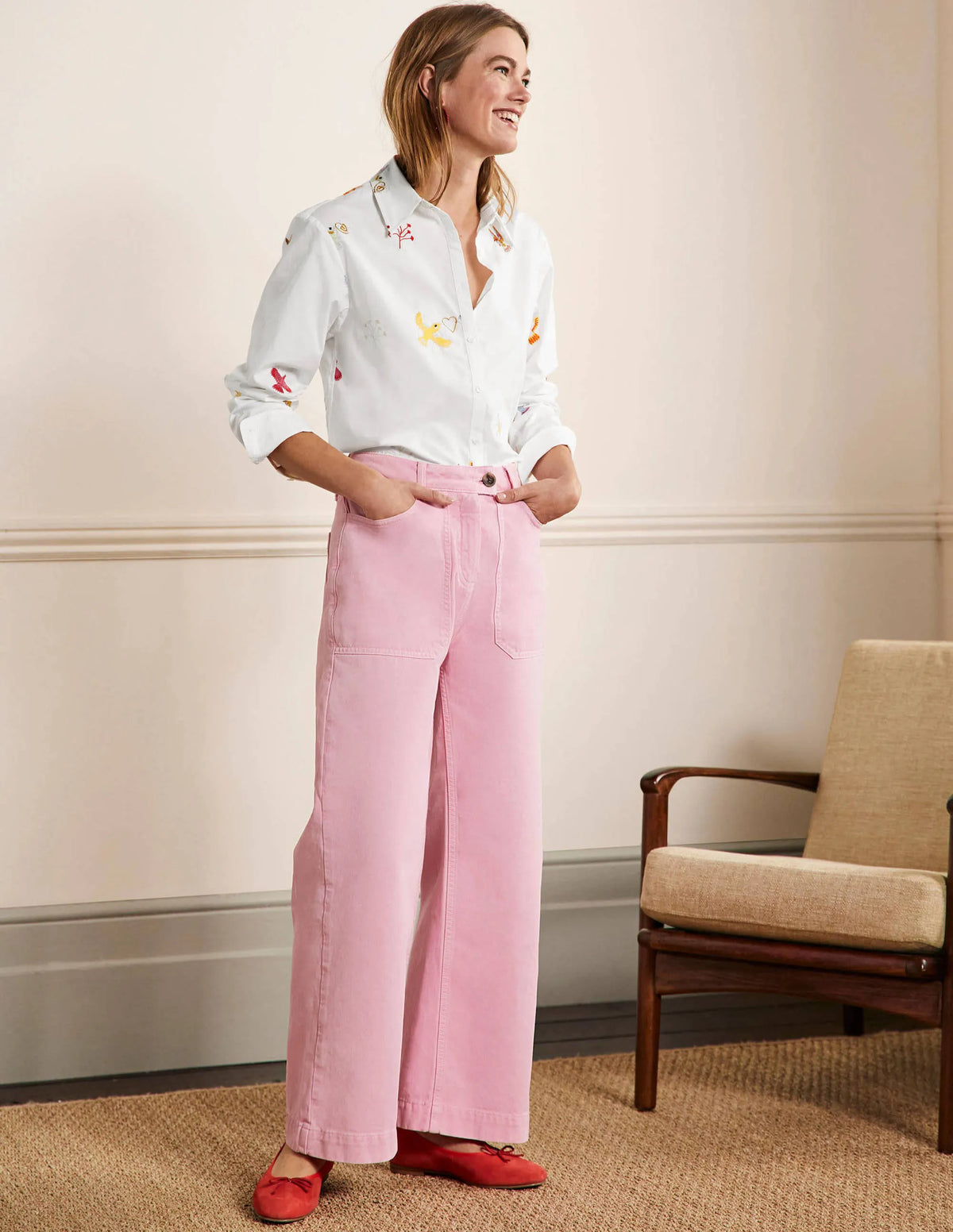Relaxed Cotton Shirt-White, Bird Embroidered