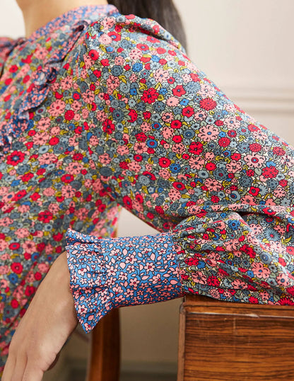 Frilly Printed Popover Blouse-Riviera Blue, Floret Cluster