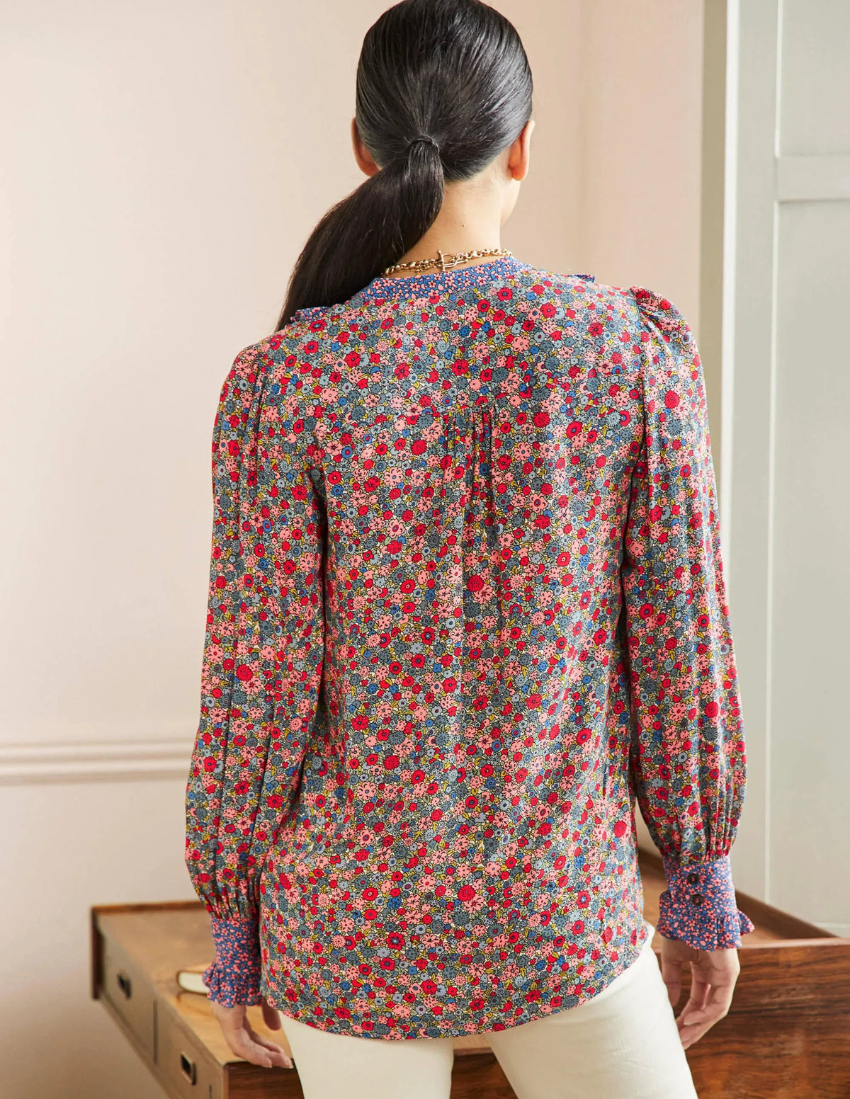 Frilly Printed Popover Blouse-Riviera Blue, Floret Cluster