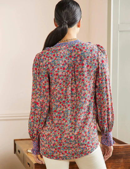 Frilly Printed Popover Blouse-Riviera Blue, Floret Cluster