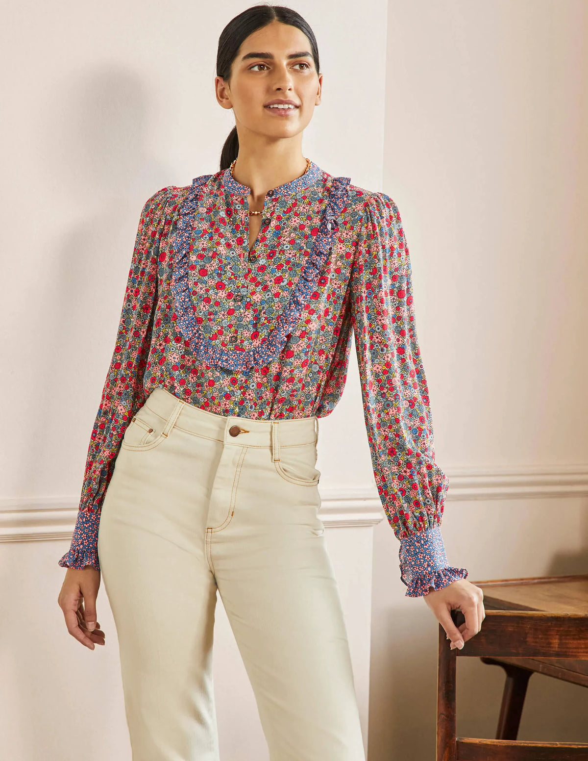 Frilly Printed Popover Blouse-Riviera Blue, Floret Cluster