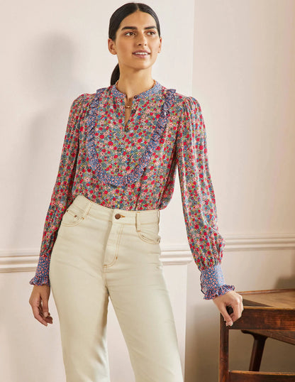 Frilly Printed Popover Blouse-Riviera Blue, Floret Cluster