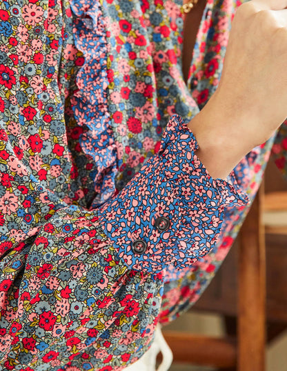 Frilly Printed Popover Blouse-Riviera Blue, Floret Cluster