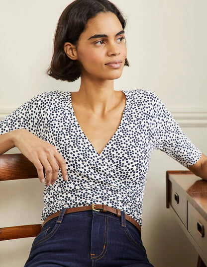 Short Sleeve Wrap Top-Ivory, Scatter Spot
