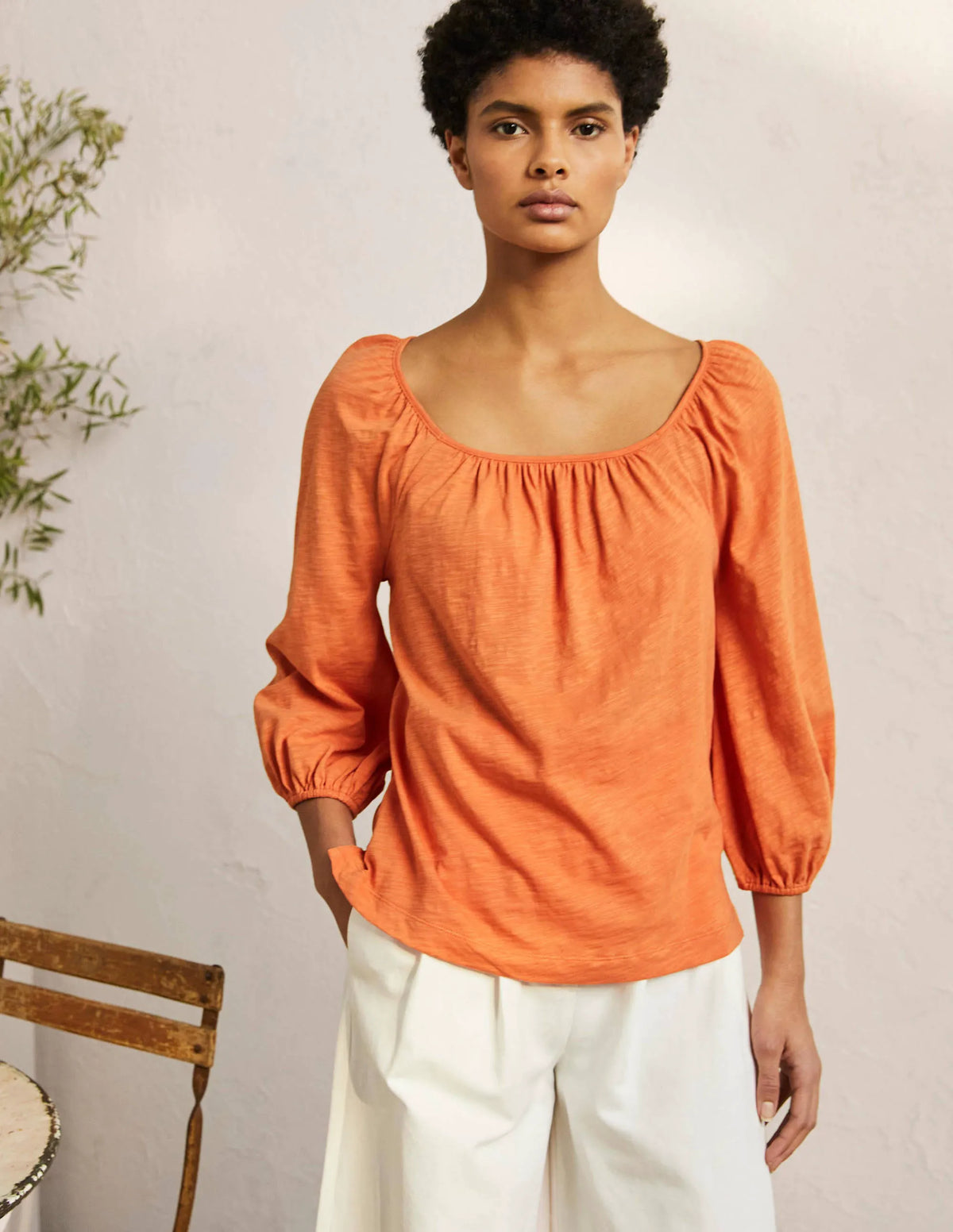 Blouson Sleeve Cotton Top-Dusty Orange
