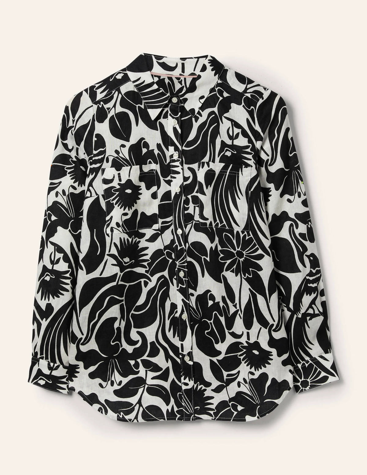 Linen Shirt-Black, Oriental Bird