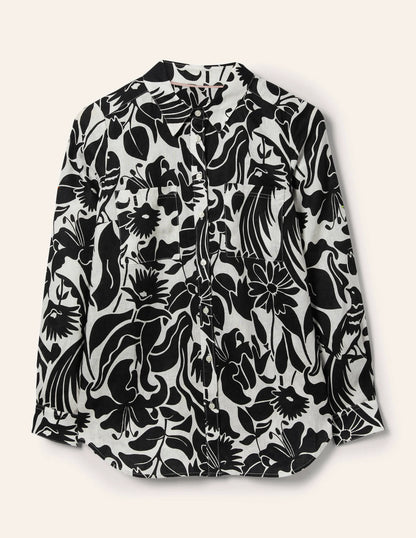 Linen Shirt-Black, Oriental Bird