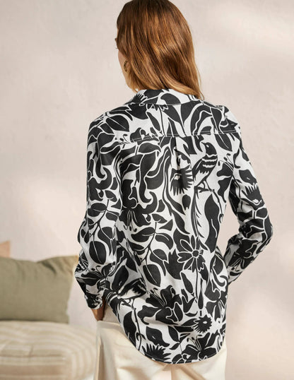 Linen Shirt-Black, Oriental Bird