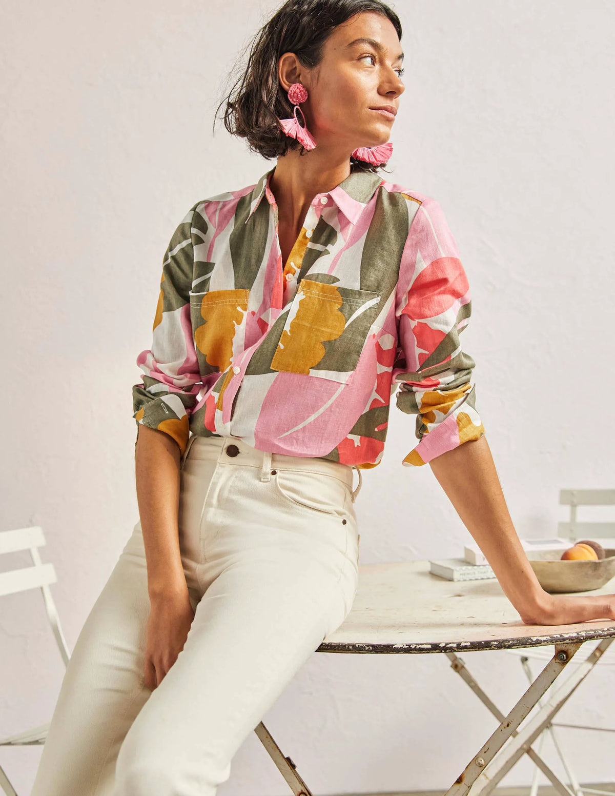 Linen Shirt-Ivory, Abstract Bloom