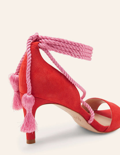 Suede Ankle Tie Heeled Sandals-Dragon Red