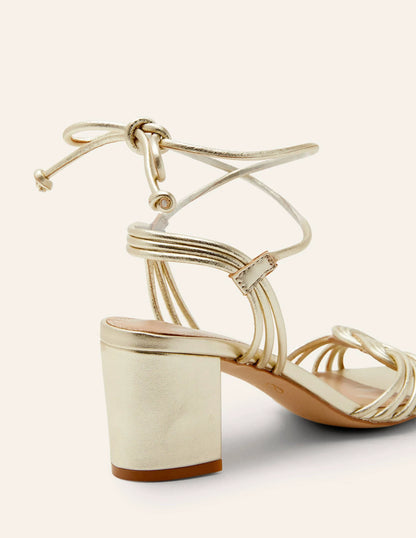 Knot Detail Heel Sandals-Pale Gold Metallic