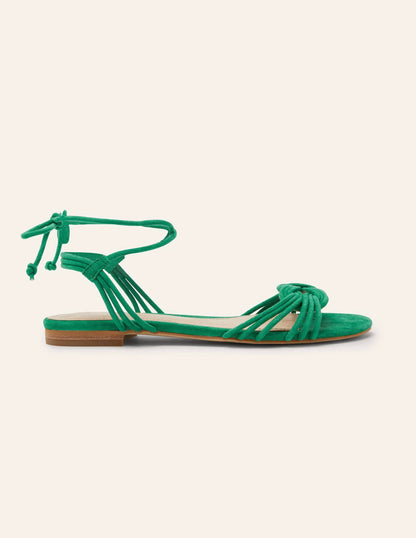 Knot Detail Suede Flat Sandals-Highland Green