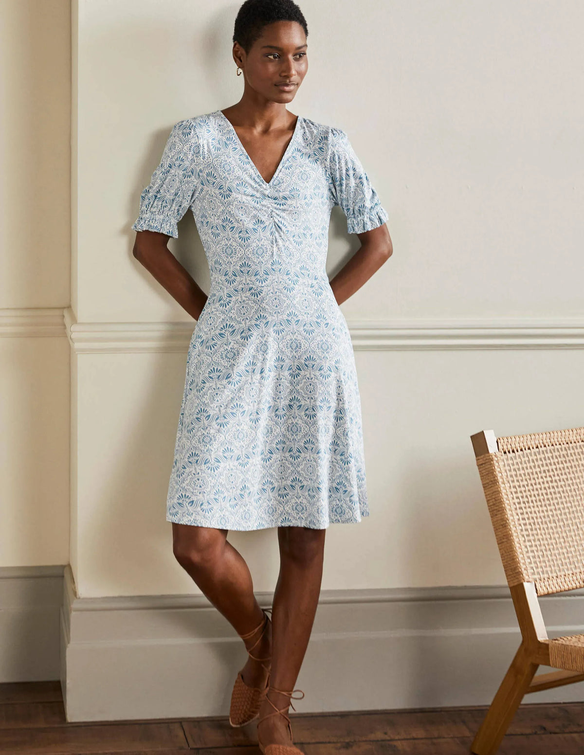 V-Neck Jersey Dress-Larkspur Oriental Diamond