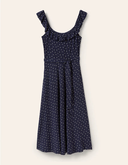 Ruffle Neck Jersey Midi Dress-French Navy, Pin Dot