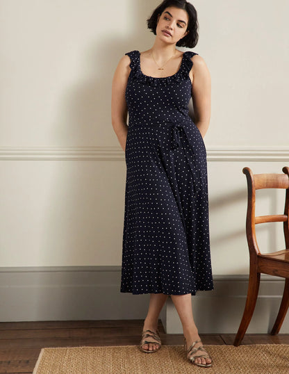 Ruffle Neck Jersey Midi Dress-French Navy, Pin Dot