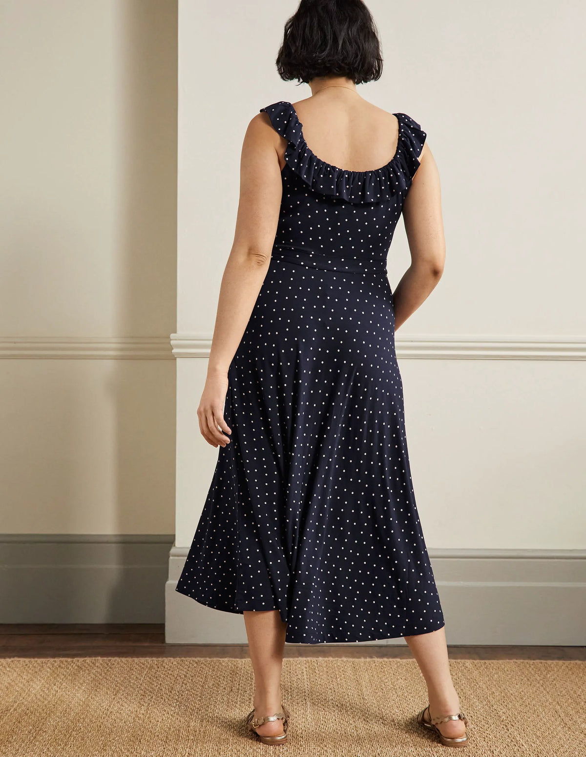 Ruffle Neck Jersey Midi Dress-French Navy, Pin Dot
