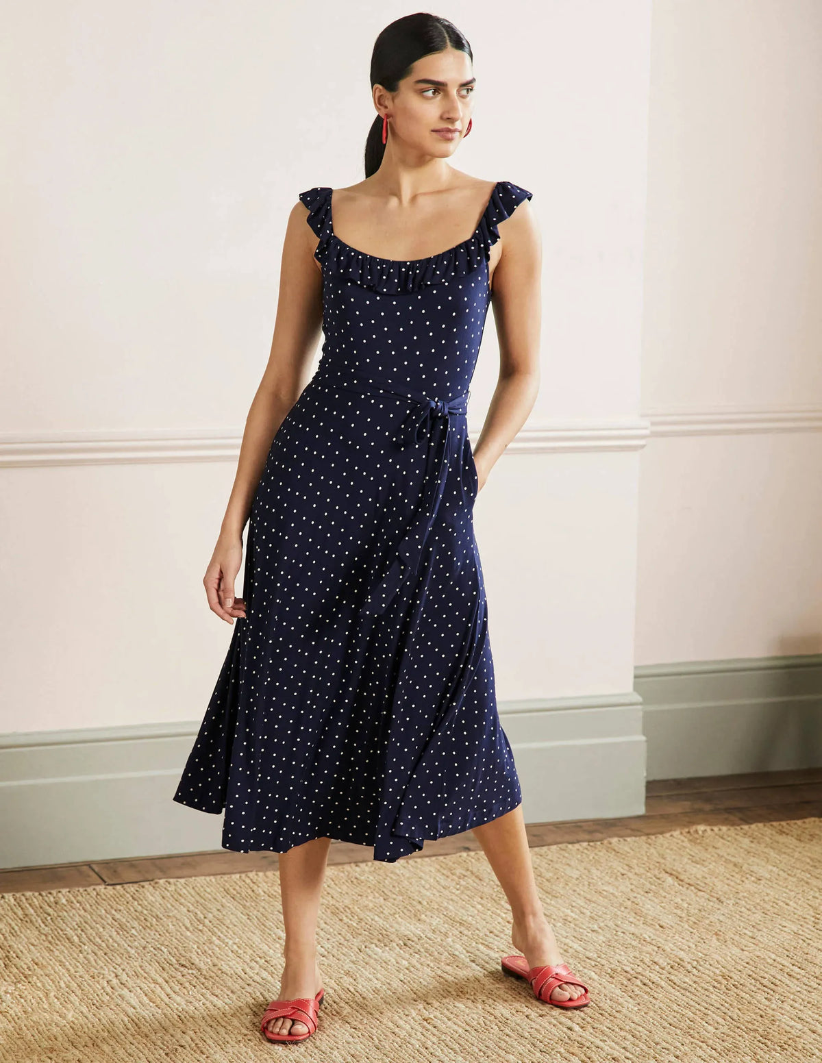 Ruffle Neck Jersey Midi Dress-French Navy, Pin Dot