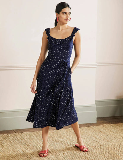 Ruffle Neck Jersey Midi Dress-French Navy, Pin Dot