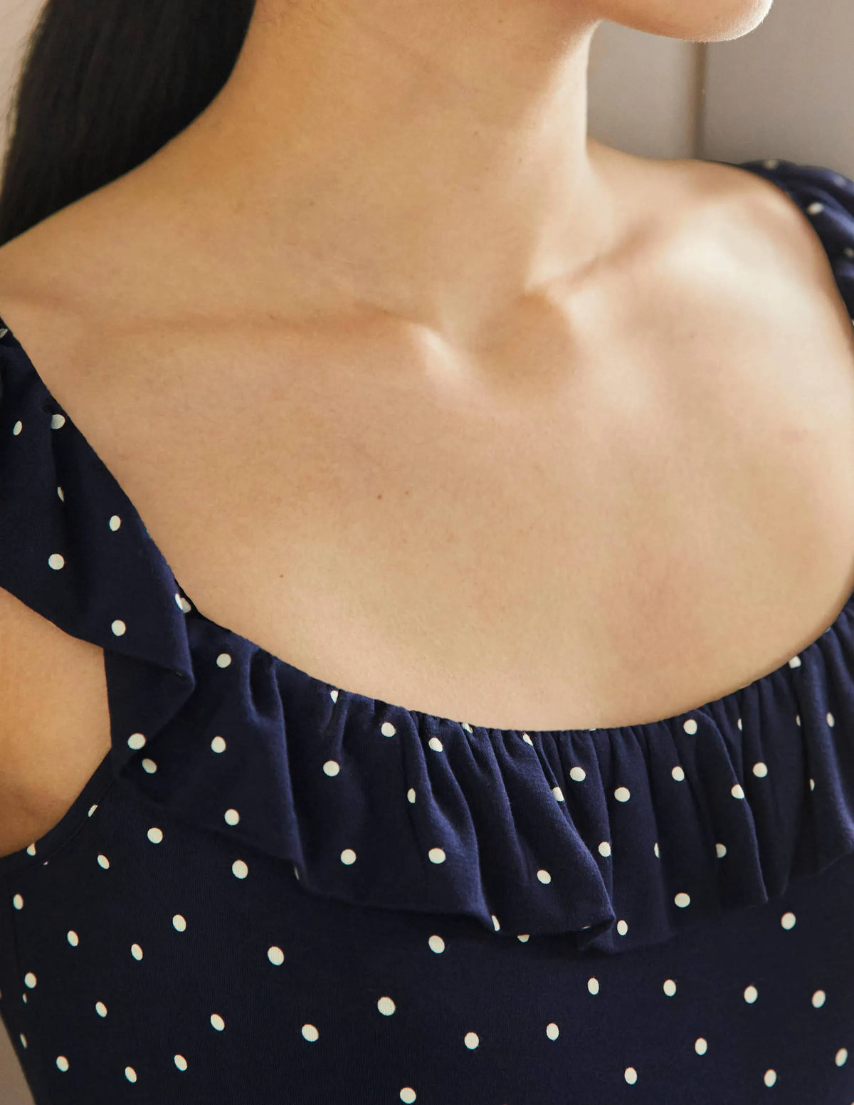 Ruffle Neck Jersey Midi Dress-French Navy, Pin Dot