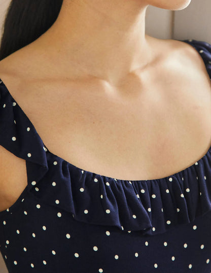 Ruffle Neck Jersey Midi Dress-French Navy, Pin Dot