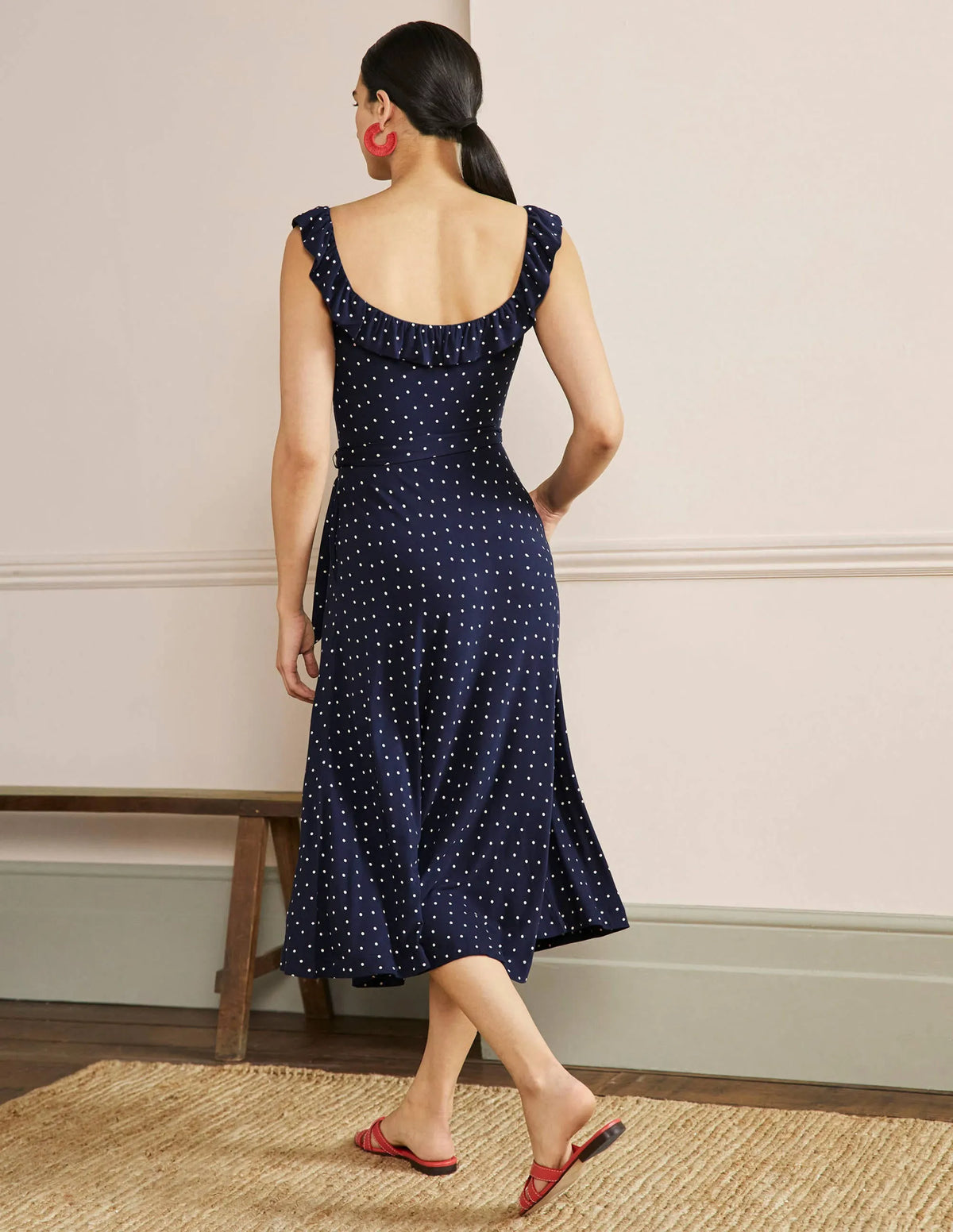 Ruffle Neck Jersey Midi Dress-French Navy, Pin Dot