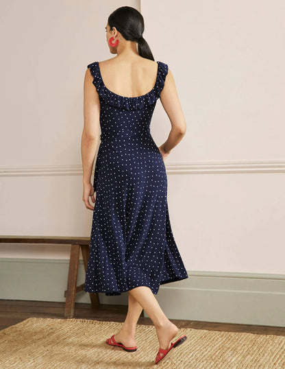 Ruffle Neck Jersey Midi Dress-French Navy, Pin Dot