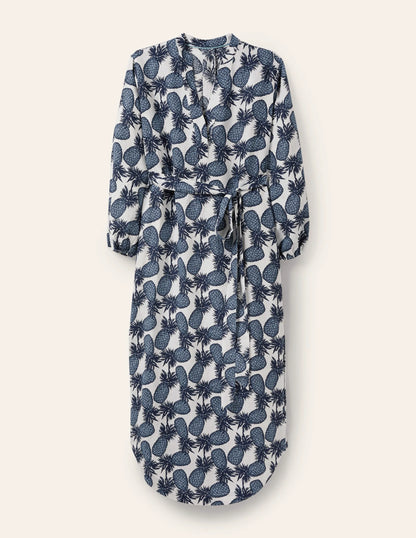 Long Sleeve Linen Maxi Dress-Ivory, Pineapple Cluster