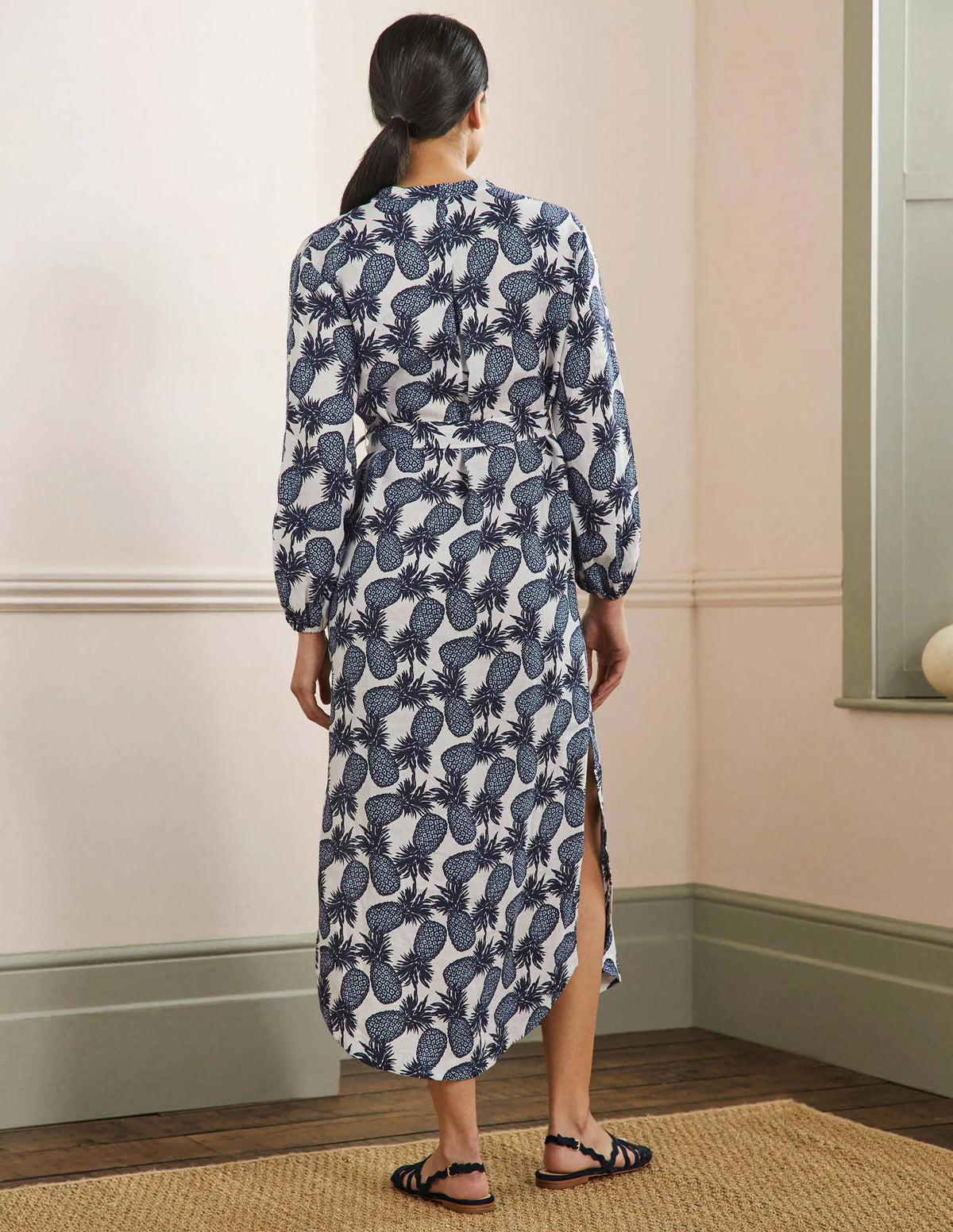 Long Sleeve Linen Maxi Dress-Ivory, Pineapple Cluster