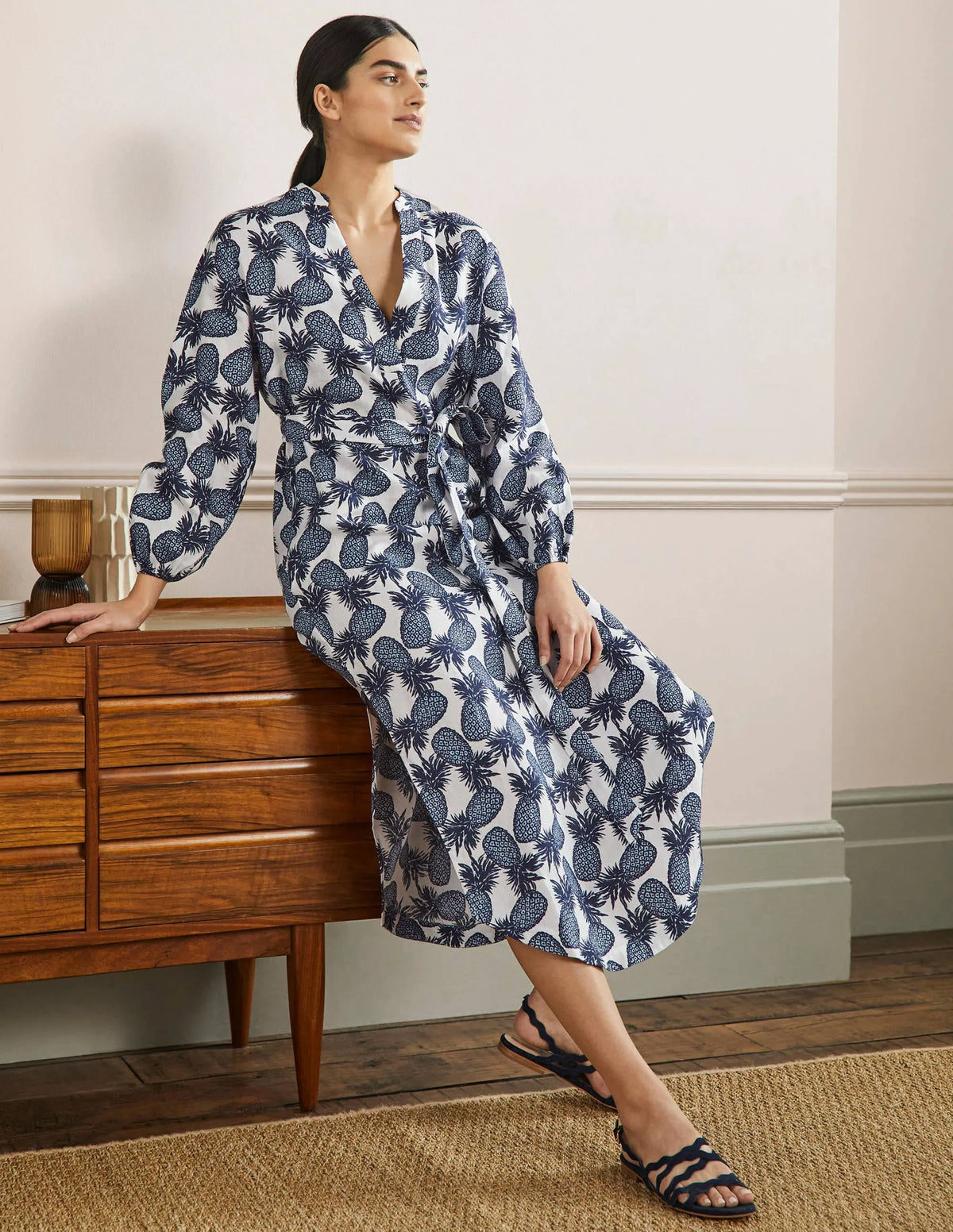 Long Sleeve Linen Maxi Dress-Ivory, Pineapple Cluster