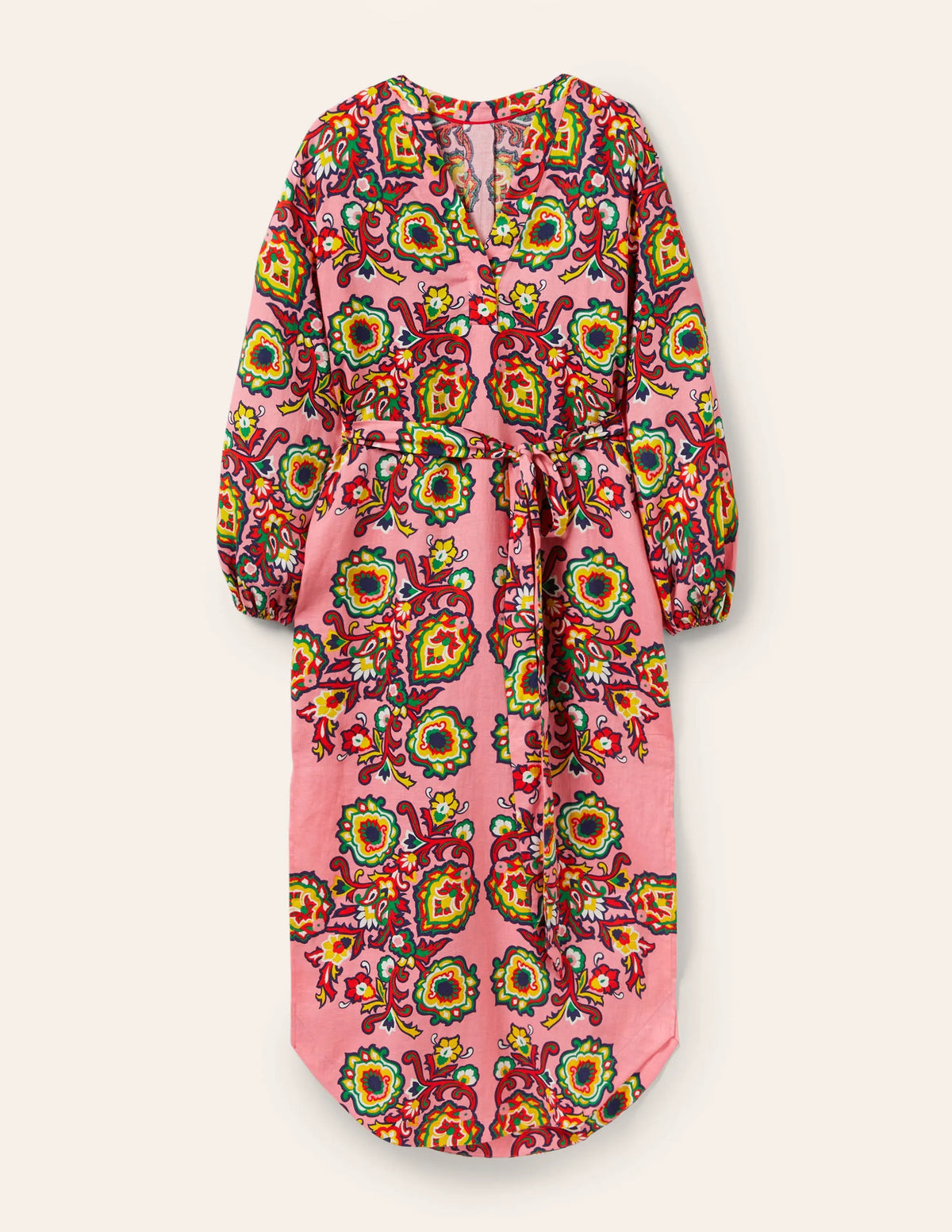Long Sleeve Linen Maxi Dress-Azalea, Decorative Blooms