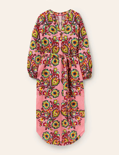 Long Sleeve Linen Maxi Dress-Azalea, Decorative Blooms