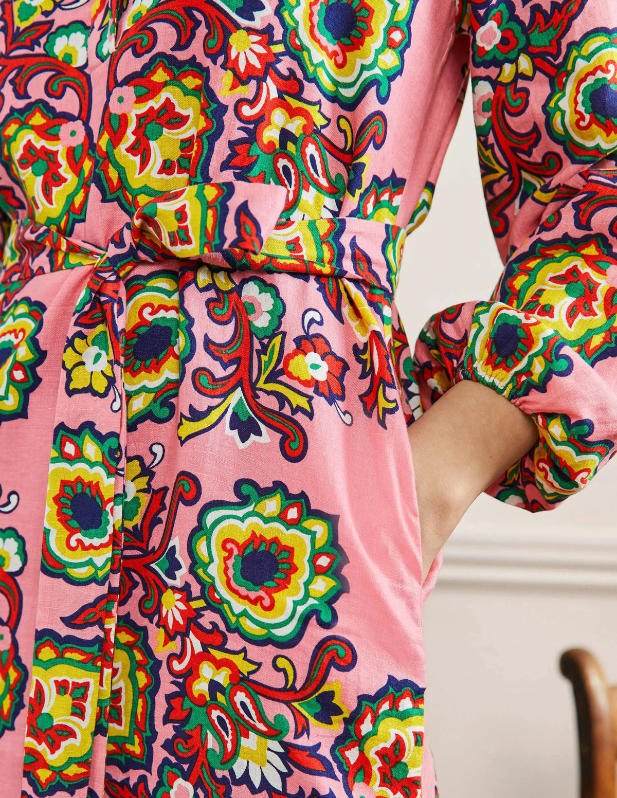 Long Sleeve Linen Maxi Dress-Azalea, Decorative Blooms